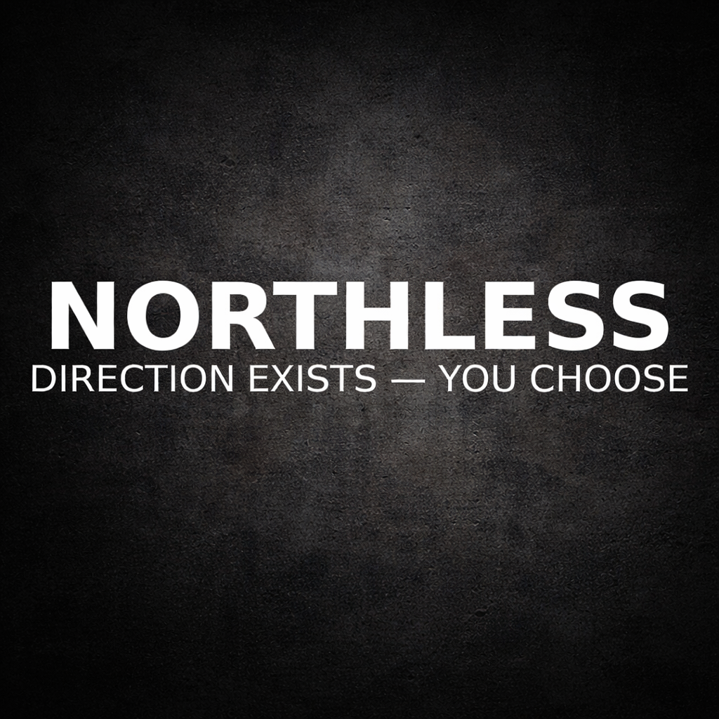 Text saying 'NORTHLESS DIRECTION EXISTS — YOU CHOOSE' on a dark textured background.