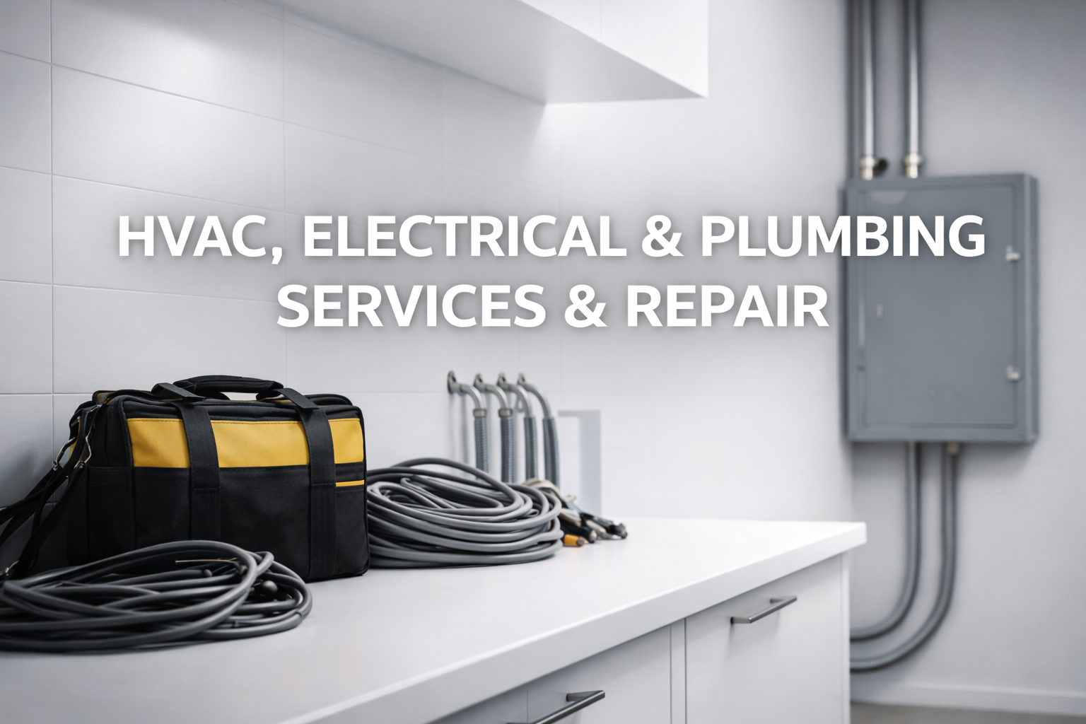 Tools and equipment for HVAC, electrical, and plumbing services on a workbench in a service room.