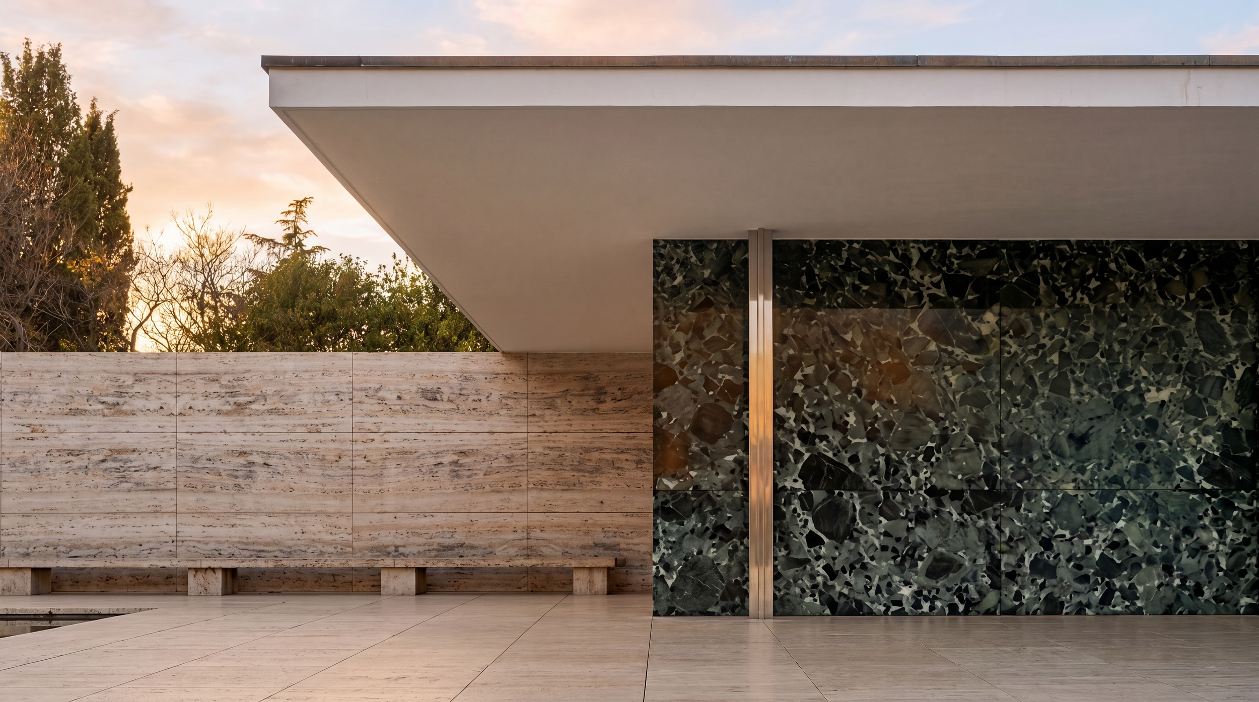 A column of light that, like Mies van der Rohe's, holds space by disappearing into it.

Mies van der Rohe, Barcelona Pavilion, 1929.