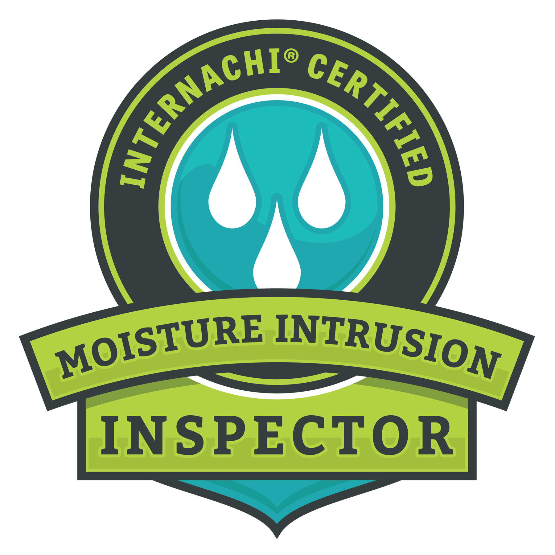 A certification badge with a water droplet icon in the center, surrounded by green and black borders, indicating 'International Certified.' The badge features the text 'Moisture Intrusion Inspector' on a green ribbon across the bottom.