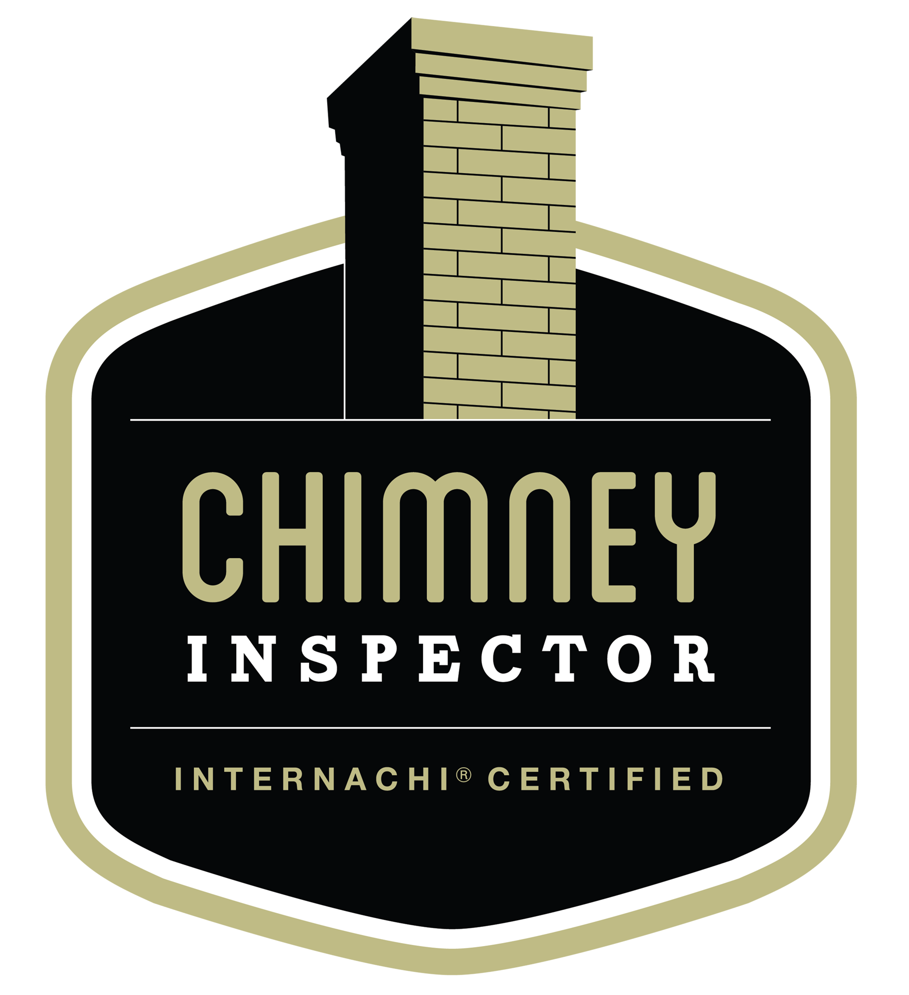 A badge with a black background and beige border, featuring an illustration of a chimney above the words 'Chimney Inspector' and 'Internachi Certified'.