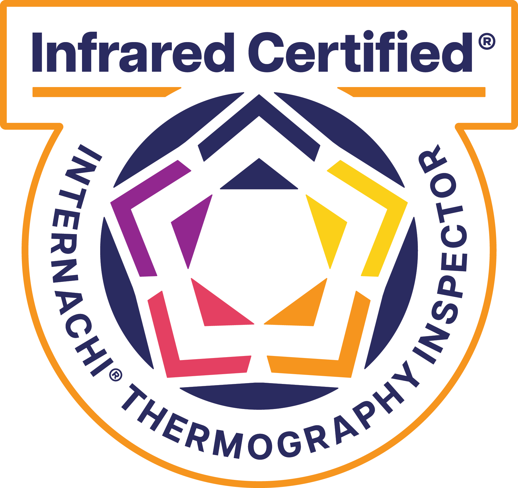 A badge with the text 'Infrared Certified' at the top, a circular design with multicolored triangles in the center, and the words 'Thermography Underwriter' and 'The Thermography' around the circle's edge.