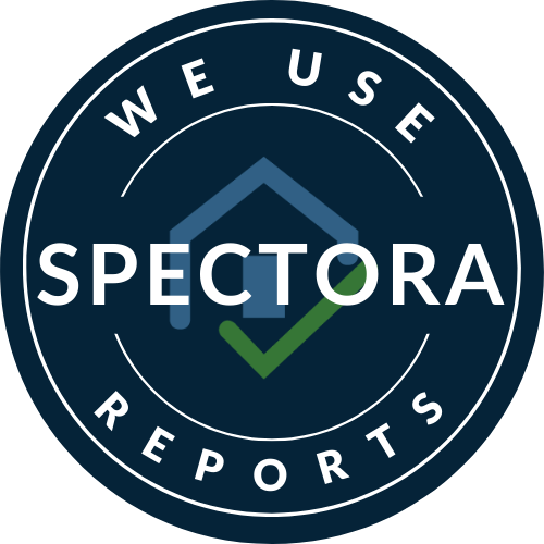 A circular logo with the text "WE USE SPECTORA REPORTS" around the border. The center features a house outline with a checkmark.