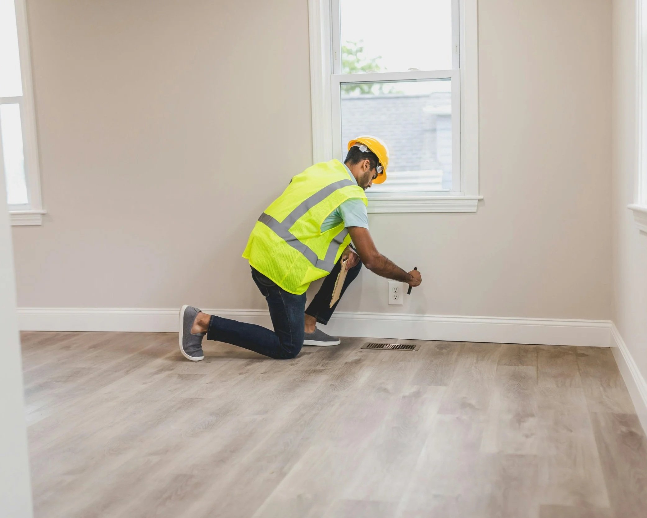 A man wearing a yellow safety vest and helmet kneeling on the floor of a room, working near an electrical outlet with a small tool. The room has light-colored walls, two windows, and light wood flooring.