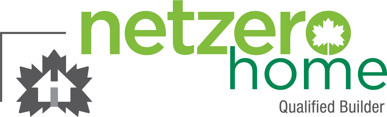 Logo for NetZero Home featuring a house icon within a starburst and green and black text that reads "NetZero Home" with a tagline "Qualified Builder."