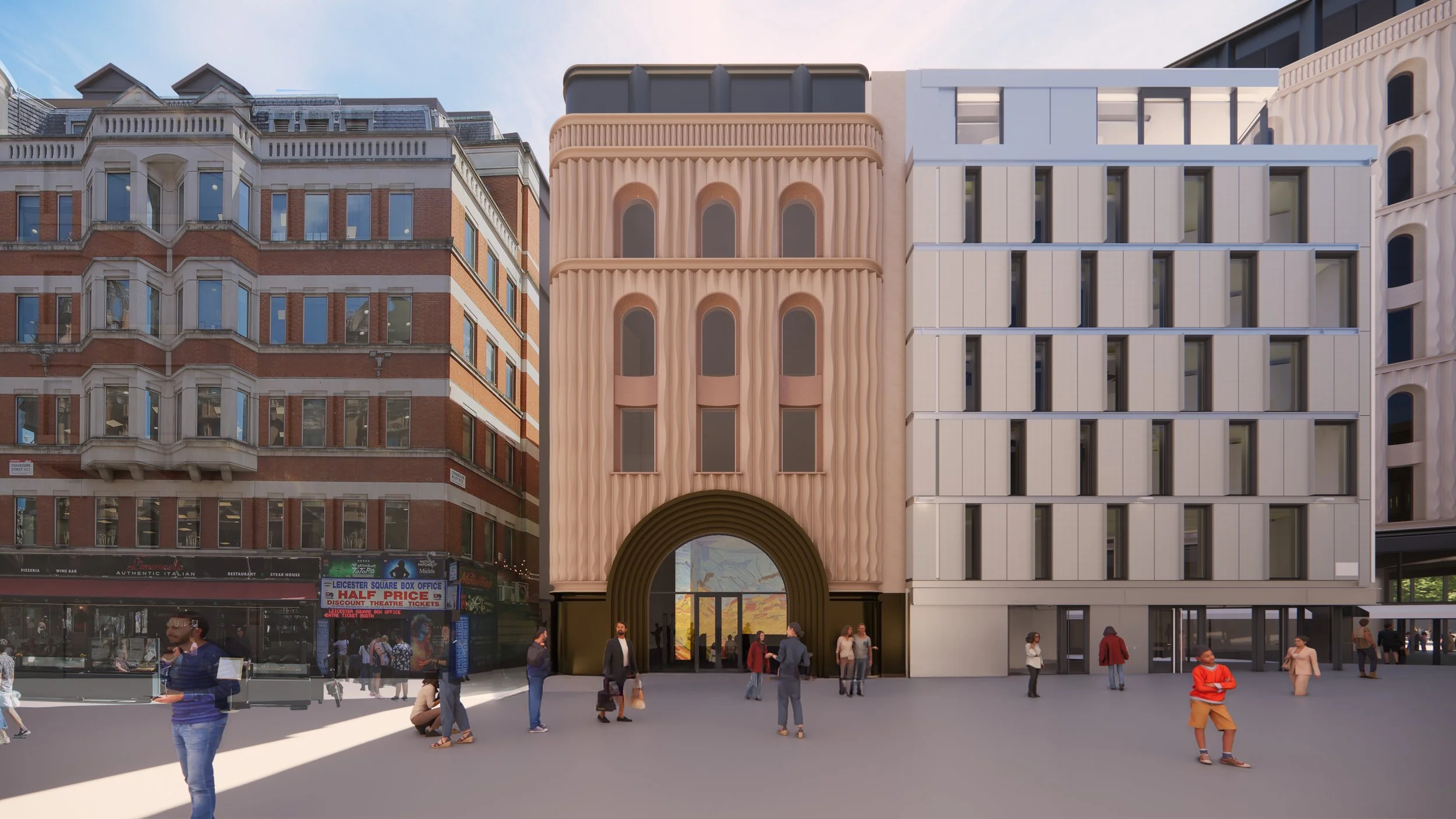 To respond to the scale of the surrounding buildings, the elevation along Bear Street has been divided into two distinct frontages, stepped back from one another. The taller block features a lighter, stone-toned façade with double-height shopfronts, 