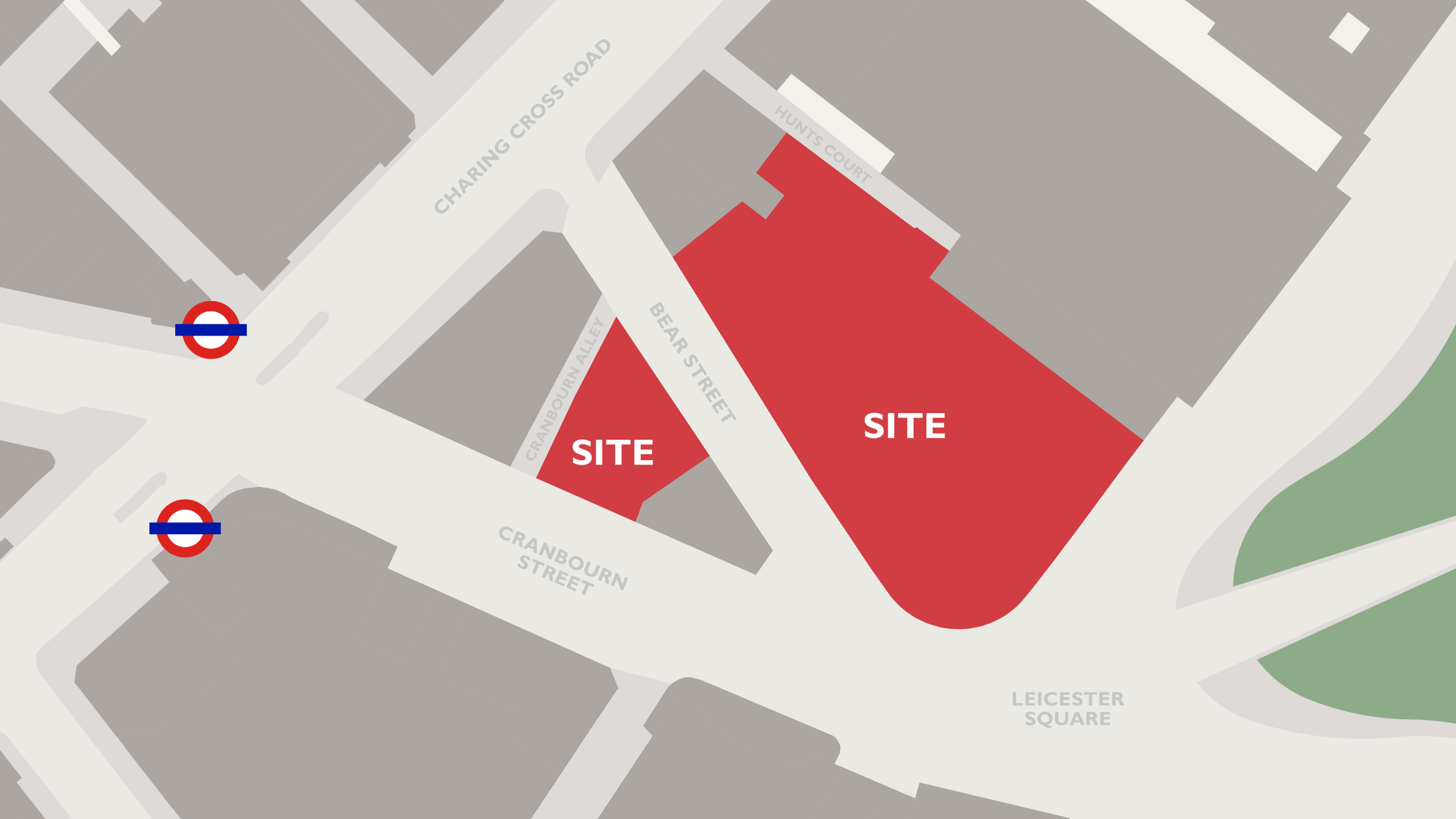 The main building occupies a prominent corner plot on Leicester Square and Bear Street, with the entrance located on Cranbourn Street.  