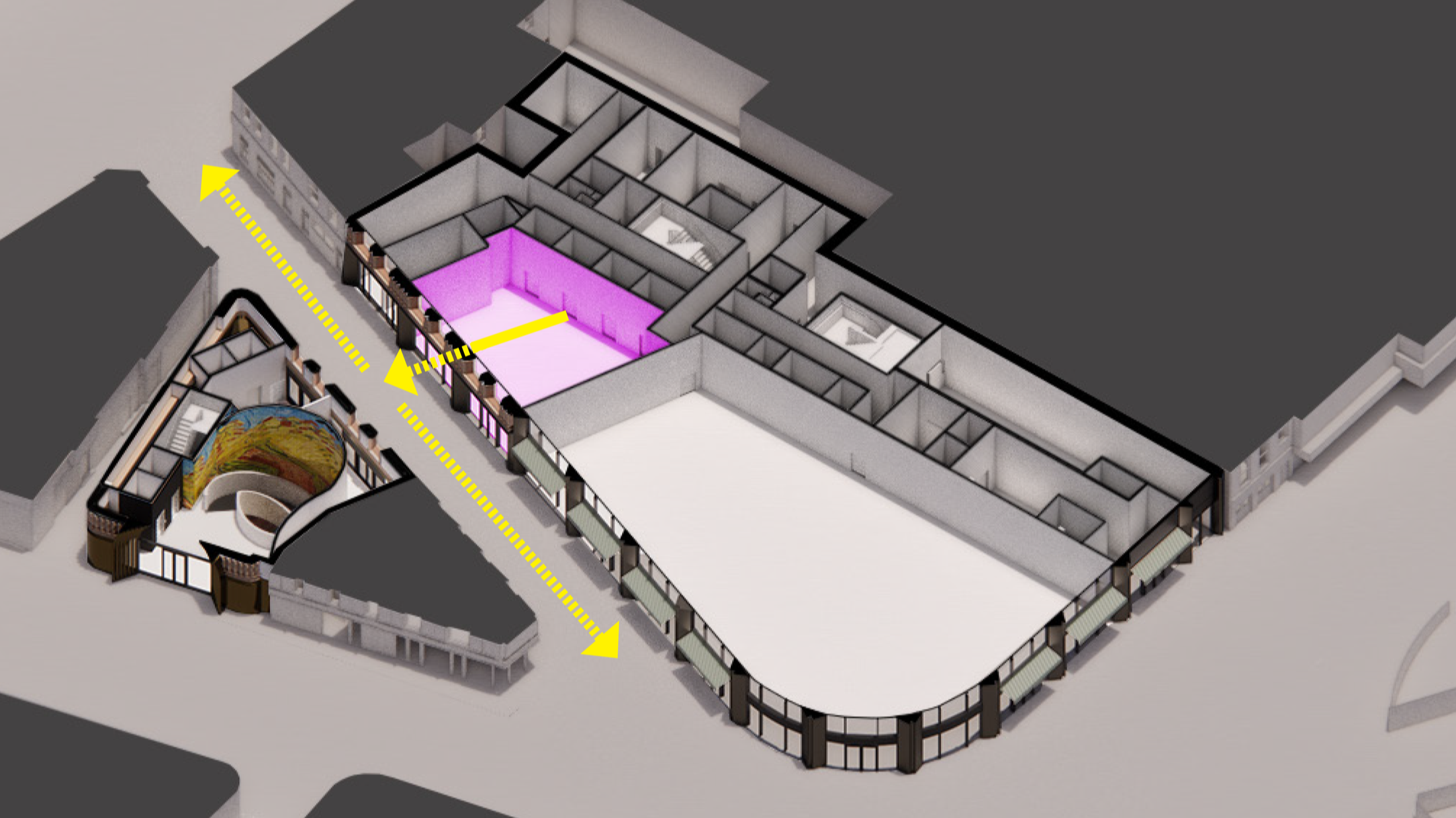 Visitors exit onto Bear St, avoiding crossover with people entering the building.