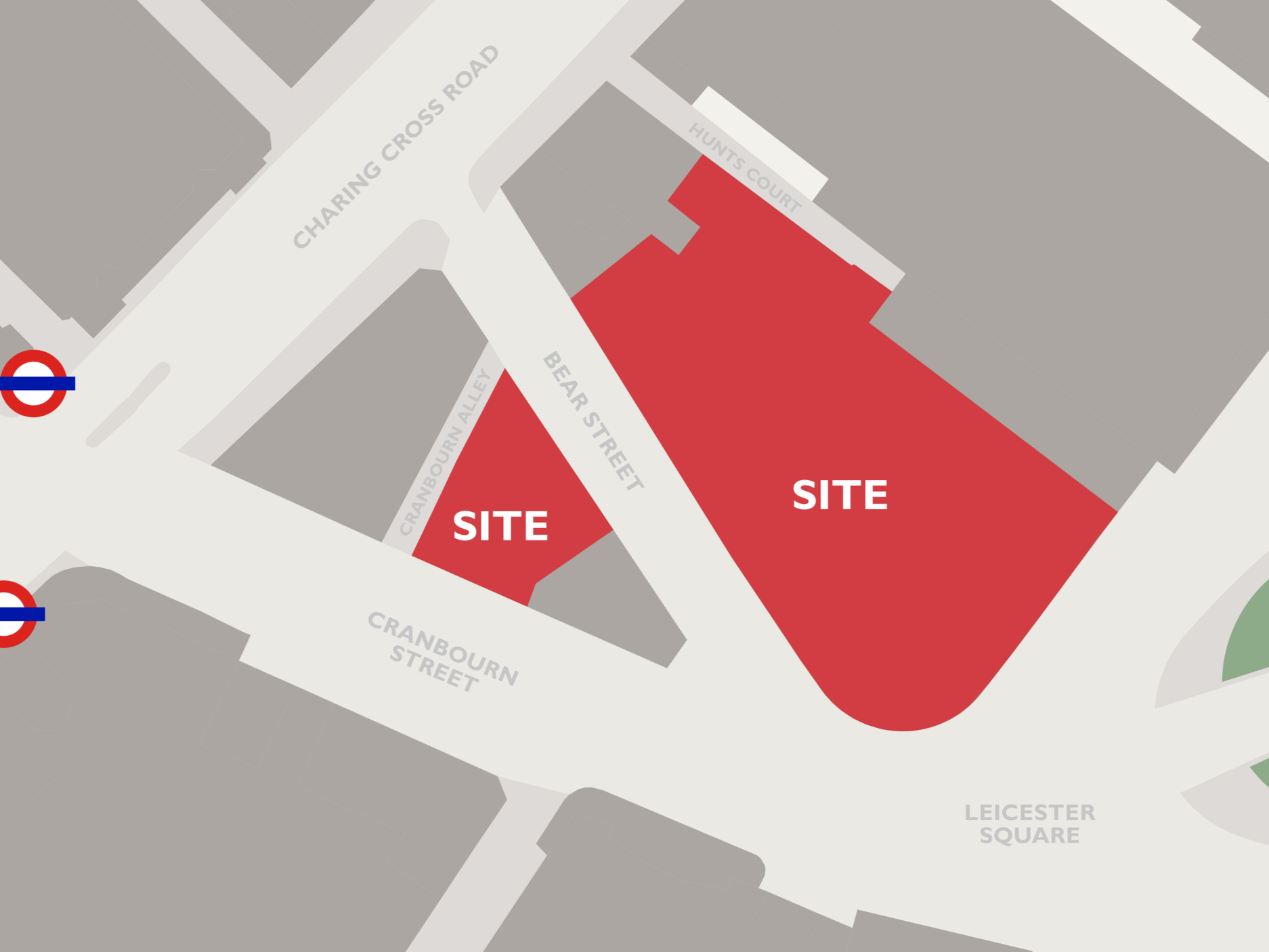 The main building occupies a prominent corner plot on Leicester Square and Bear Street, with the entrance located on Cranbourn Street.  