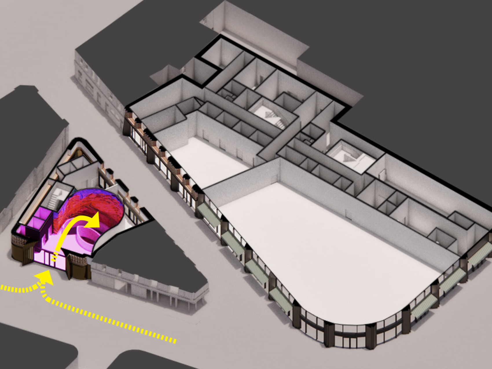 The two buildings would be connected by an underground link...