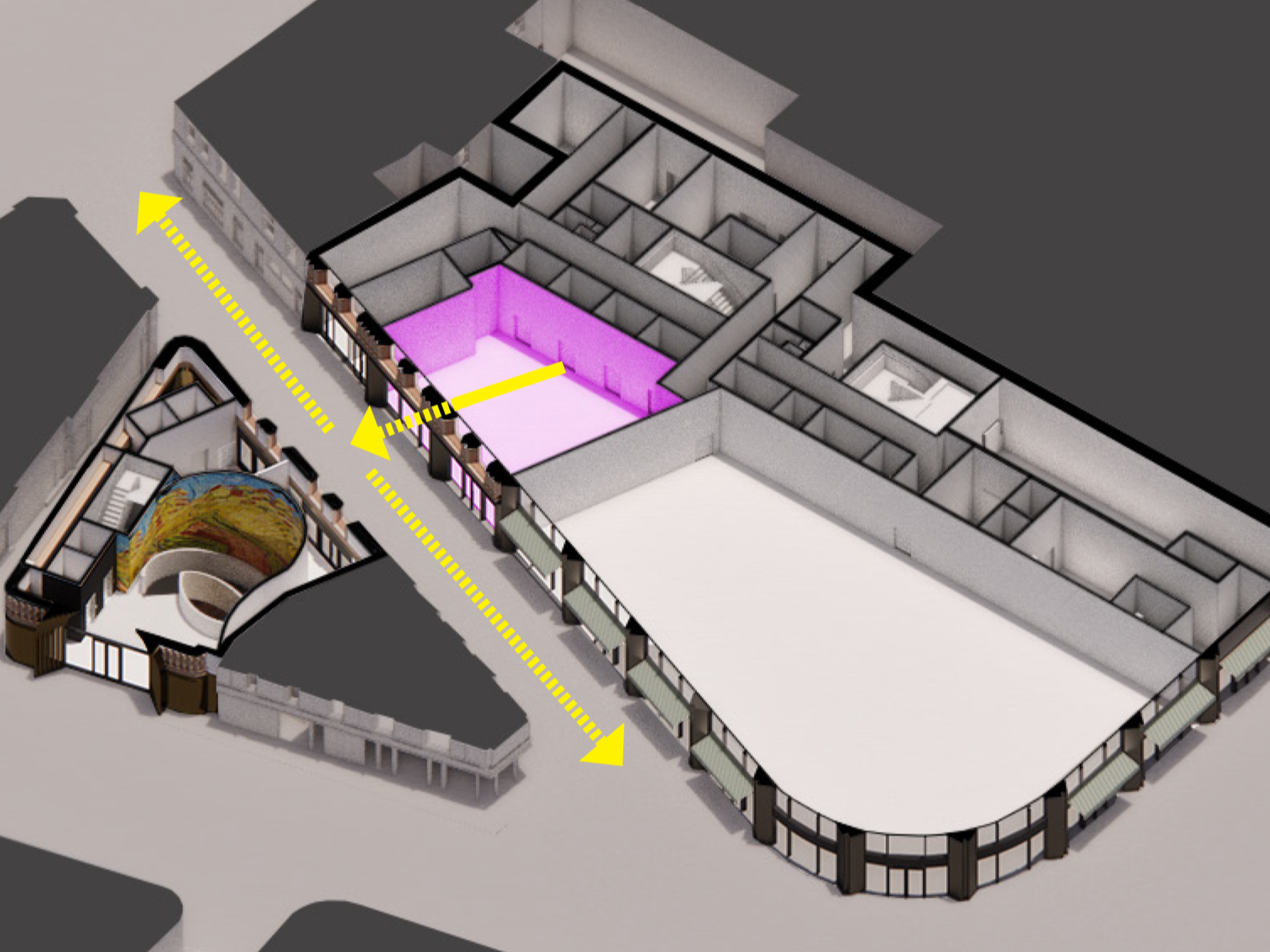 Visitors would exit onto Bear St, avoiding crossover with people entering the building.