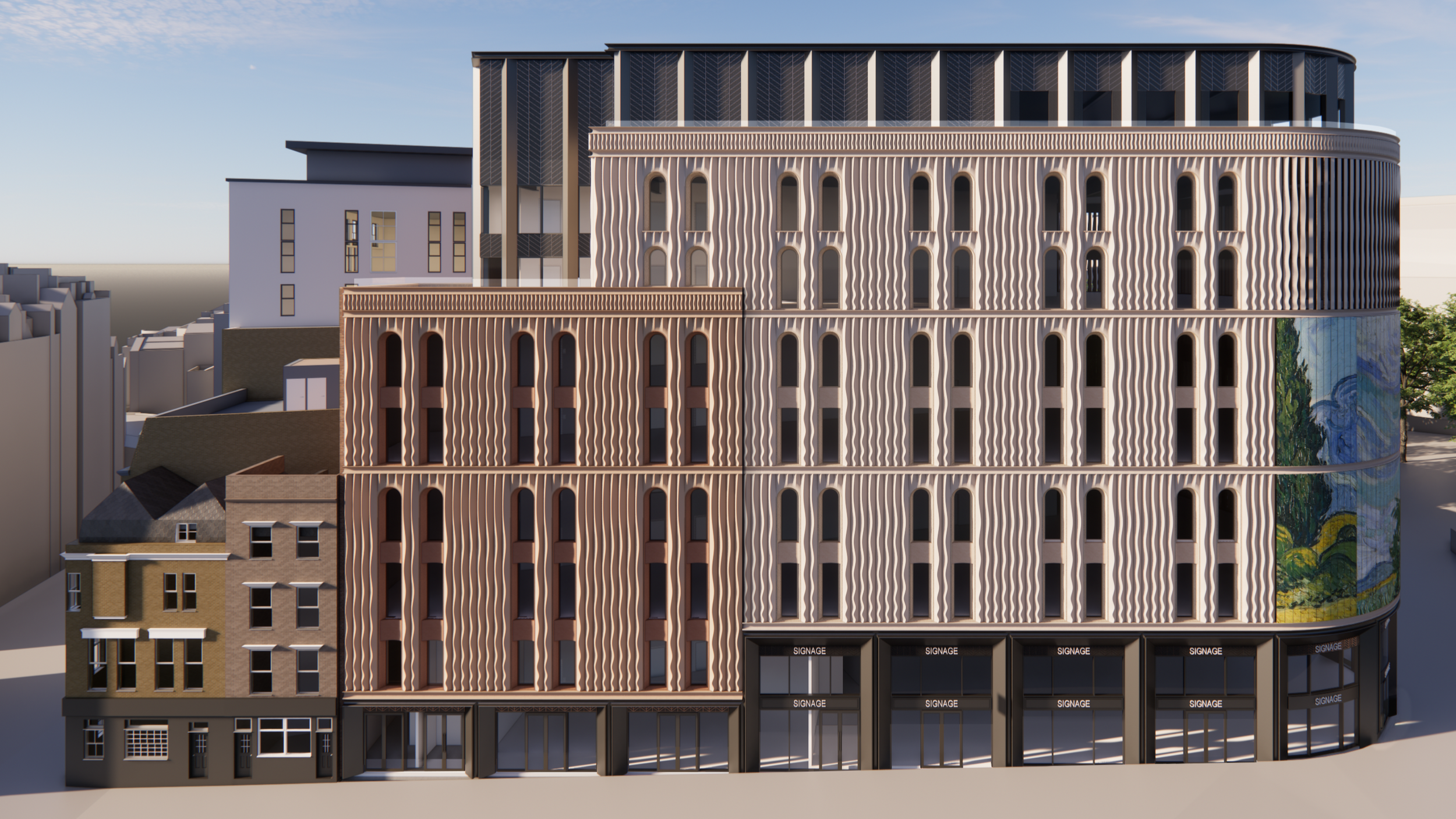 To respond to the scale of the surrounding buildings, the elevation along Bear Street has been divided into two distinct frontages, stepped back from one another. The taller block features a lighter, stone-toned façade with double-height shopfronts, 
