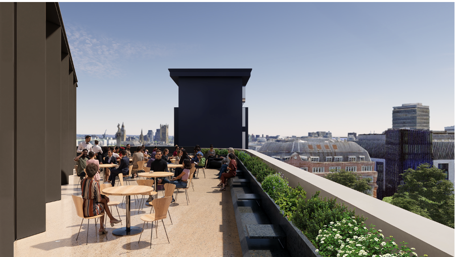 Proposed LSX Development. People sitting at tables on a rooftop terrace overlooking a city skyline with trees and buildings.