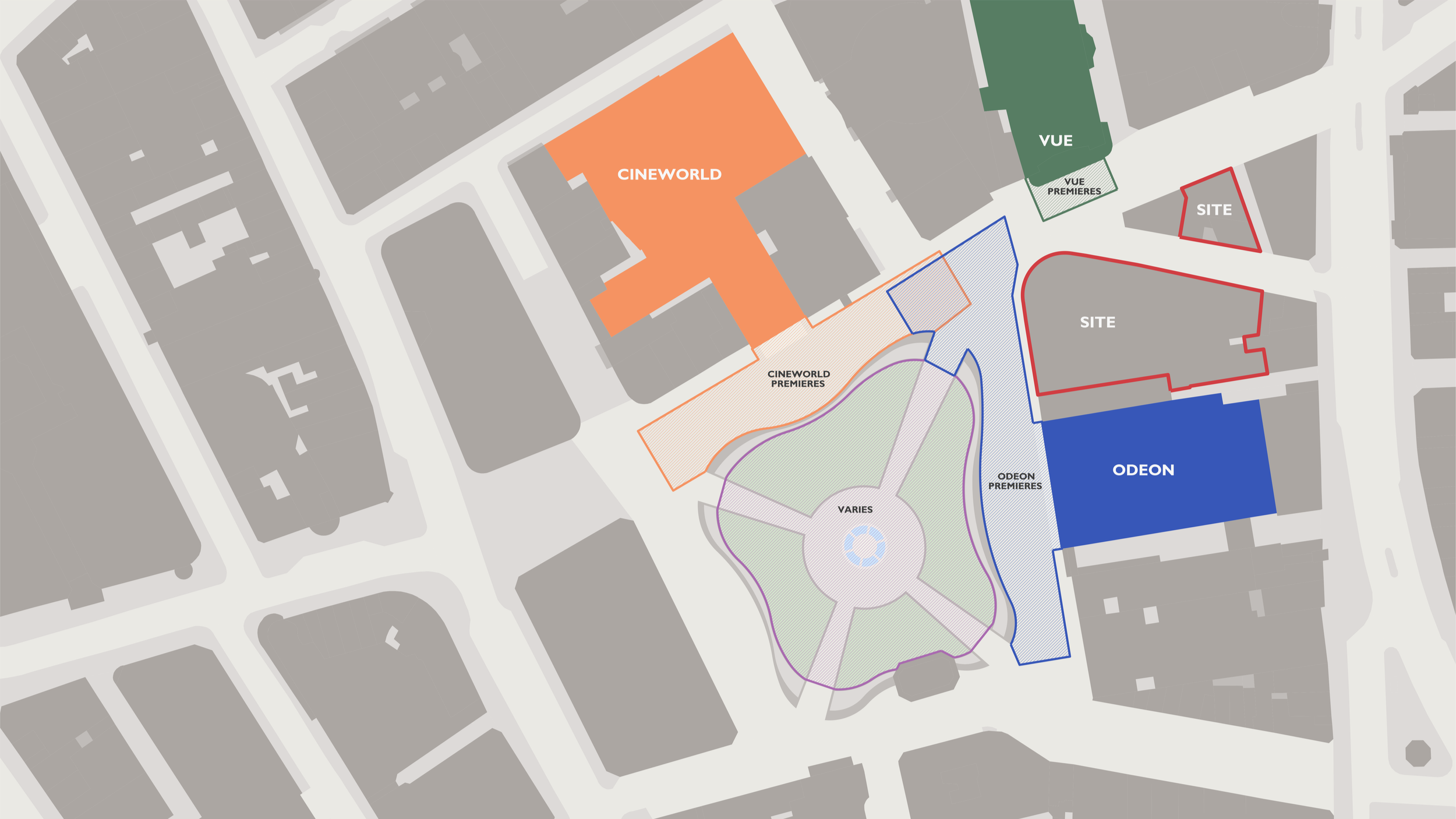 Proposed LSX Development. A site plan of a commercial area showing Cineworld, Odeon, and VUE movie theaters, along with designated sites and a variegated central park area with pathways.