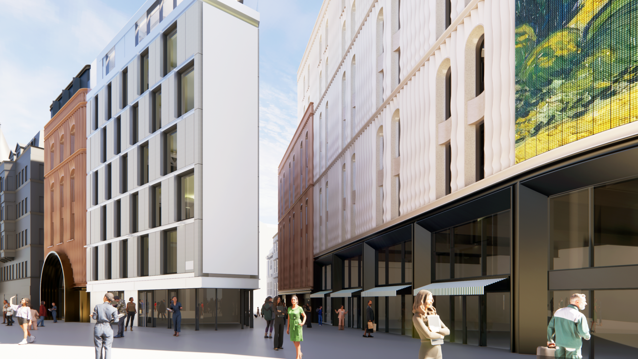 Proposed LSX Development. Modern city street with contemporary buildings and pedestrians walking.