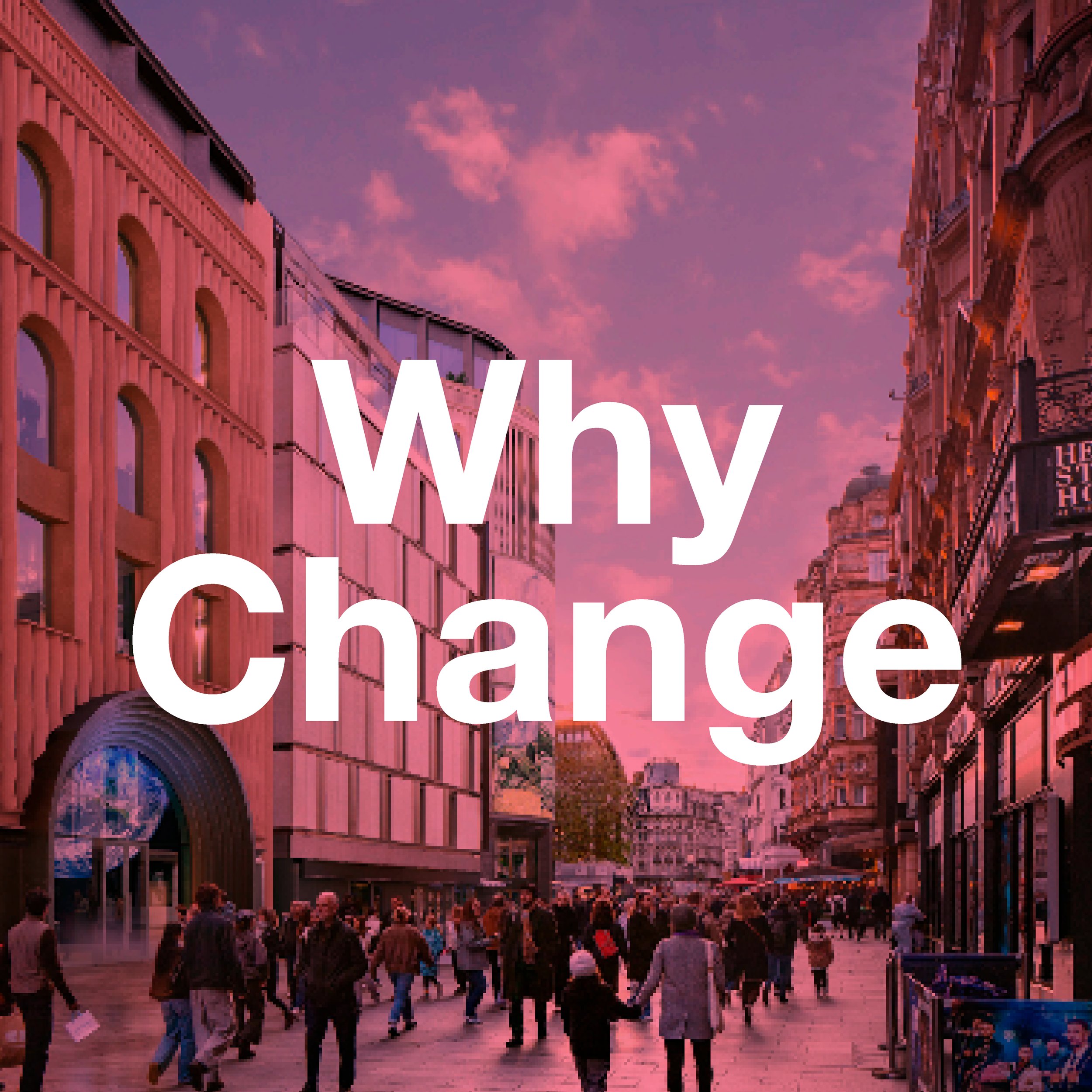 Proposed LSX Development. A busy city street at sunset with a pink and purple sky, tall buildings, and many people walking and shopping.