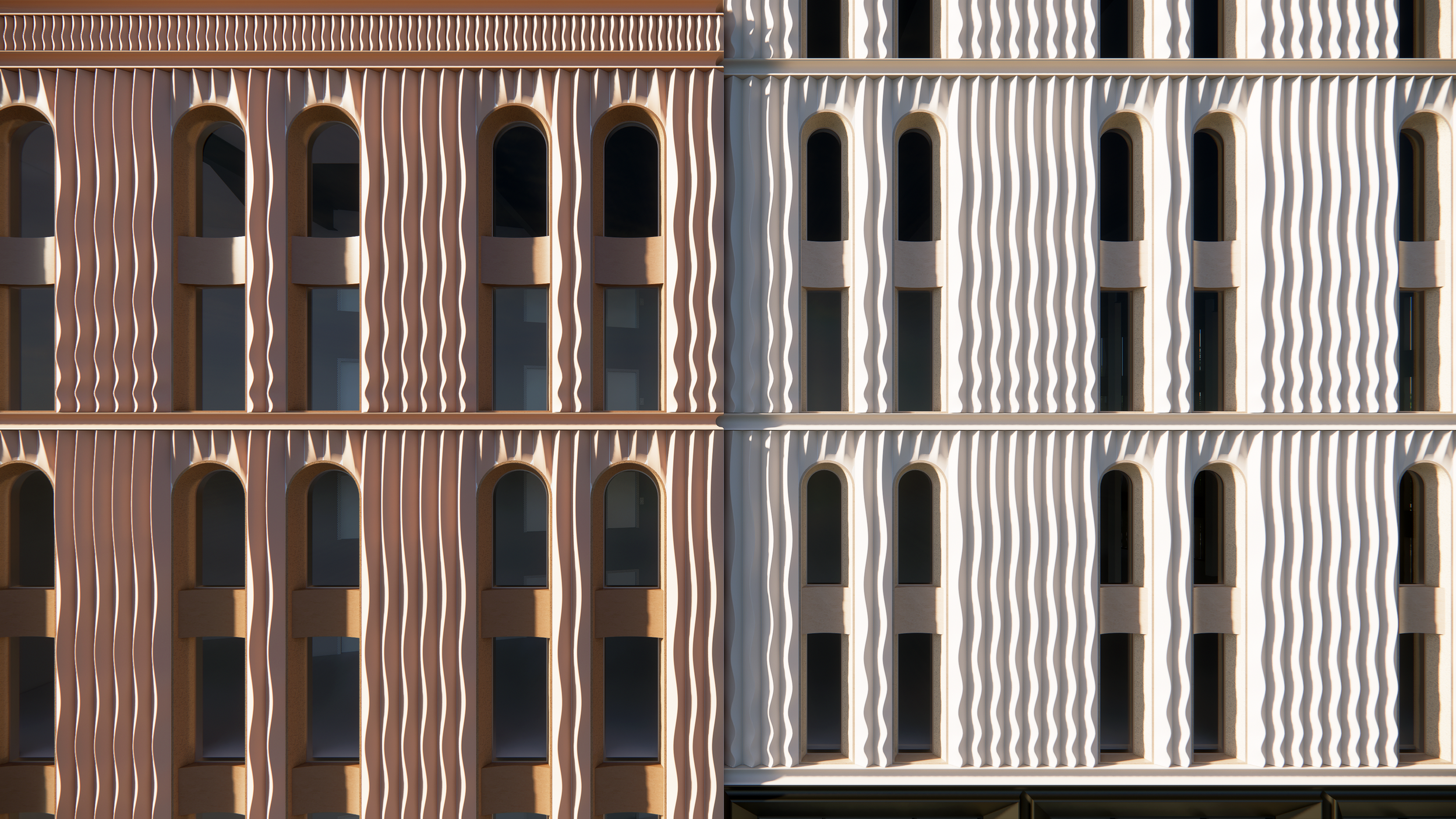 The Stage Curtain concept will continue around the building, not as a continuous screen, but through sculpted openings formed as extensions of the fins, maintaining the sculptural quality of the façade. 