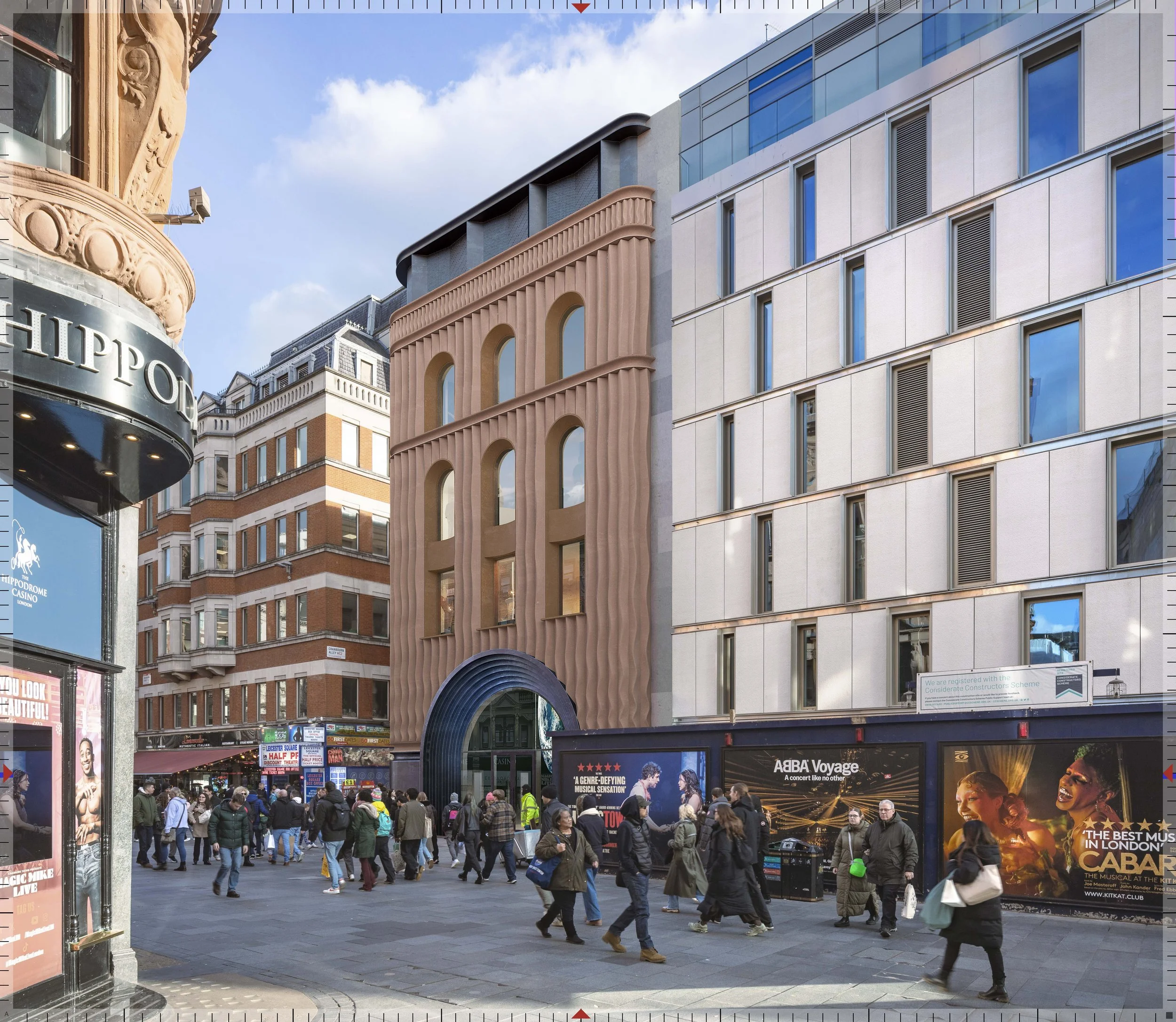 Visitor attraction large curved entrance on Cranbourn Street
