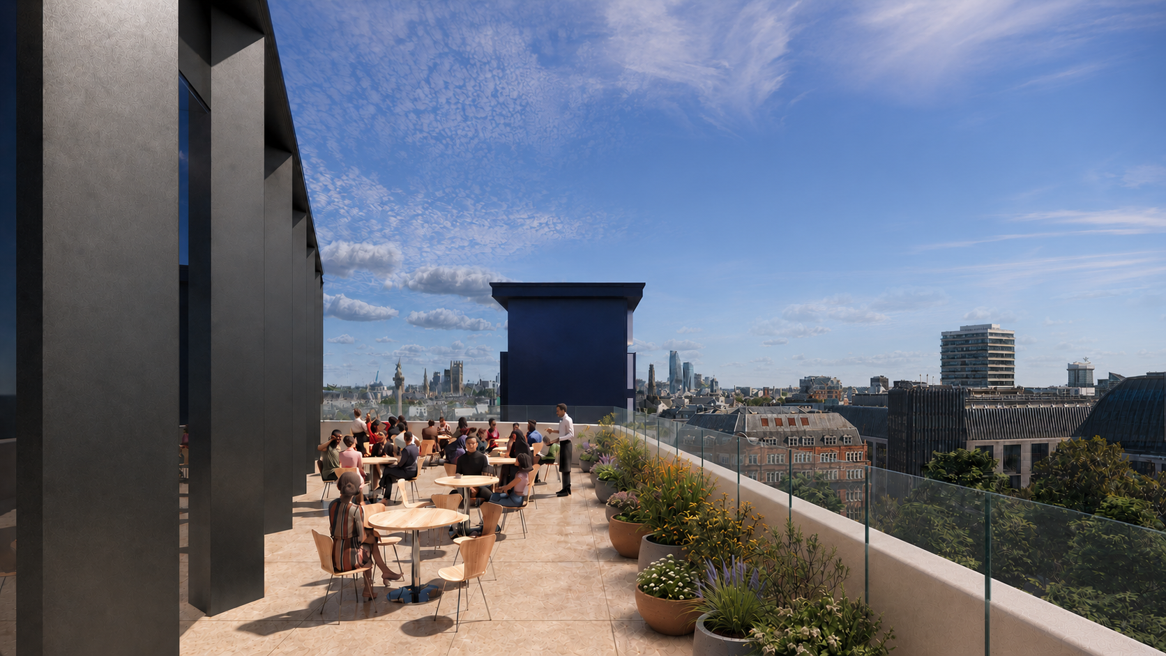 The angled terrace on the top floor would provide stunning views across Leicester Square and frame views of historic landmarks such as Nelson's Column and the Palace of Westminster.
