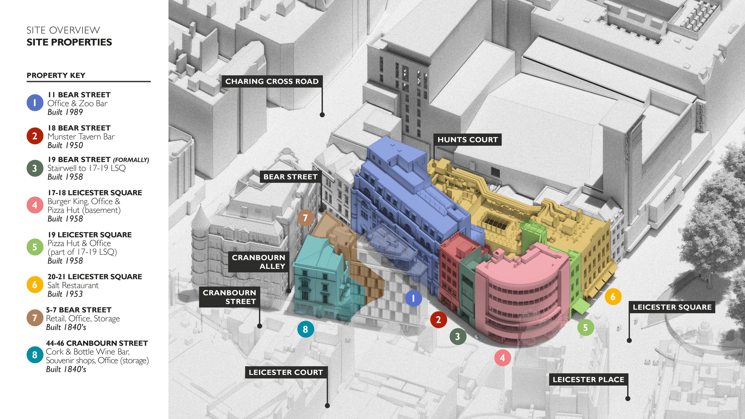 A 3D map of a city block showing different colored buildings and streets with labels, including Bear Street in blue, Hunts Court in yellow, Cranbourne Alley in light blue, and Leicester Square in yellow, along with street names and key locations.