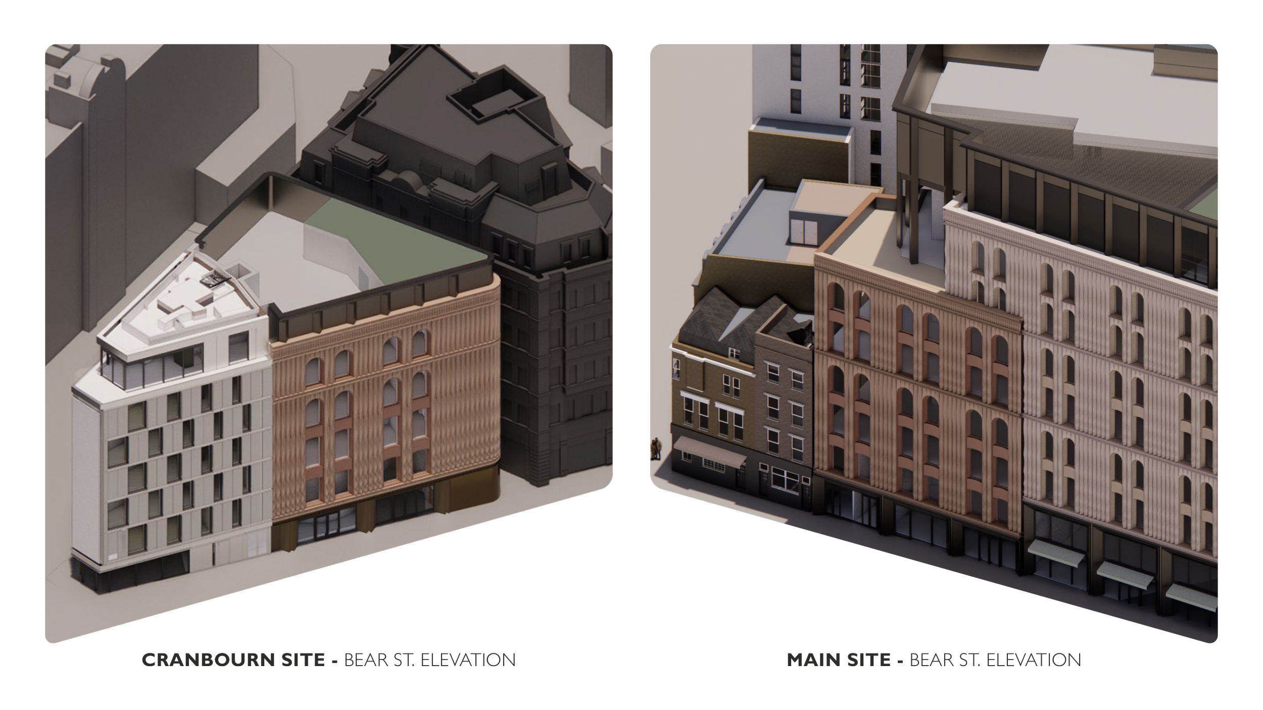 Proposed LSX Development. Digital architectural rendering of two buildings, showcasing their designs and elevations, with surrounding cityscape elements in the background.
