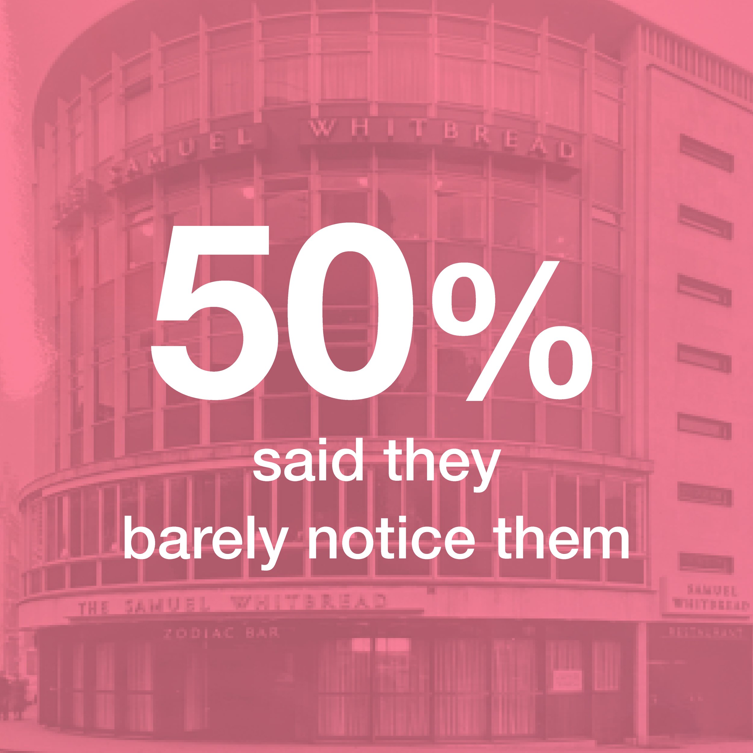 Proposed LSX Development.. A building with the sign 'The Samuel Whitebread' on it, featuring large windows and an art deco architectural style, overlaid with a pink filter and white text showing a 50% discount message.