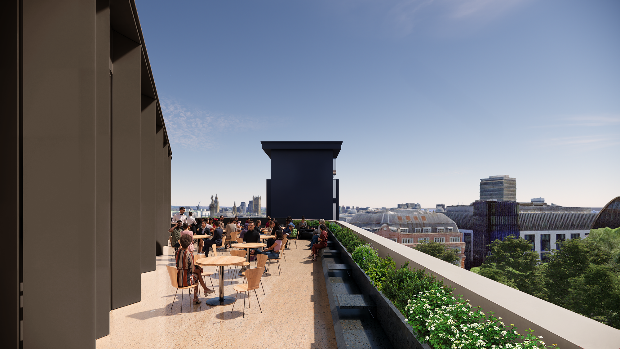 The angled terrace on the top floor will provide stunning views across Leicester Square and framing views of historic sites such as Nelson’s Column and the Palace of Westminster.