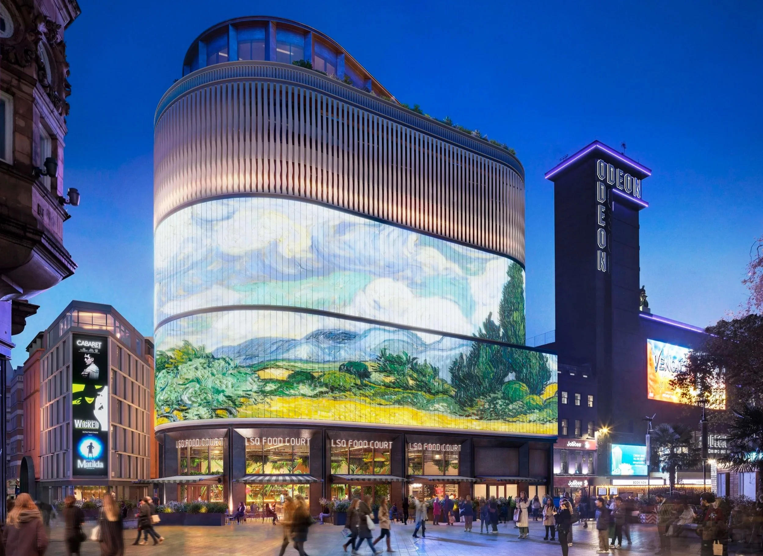 Night view of the proposed LSX development with a large digital screen displaying a landscape.  "LSX Food Court," and a tall tower with illuminated vertical signs reading "ODEON". People are walking and socialising in the plaza.