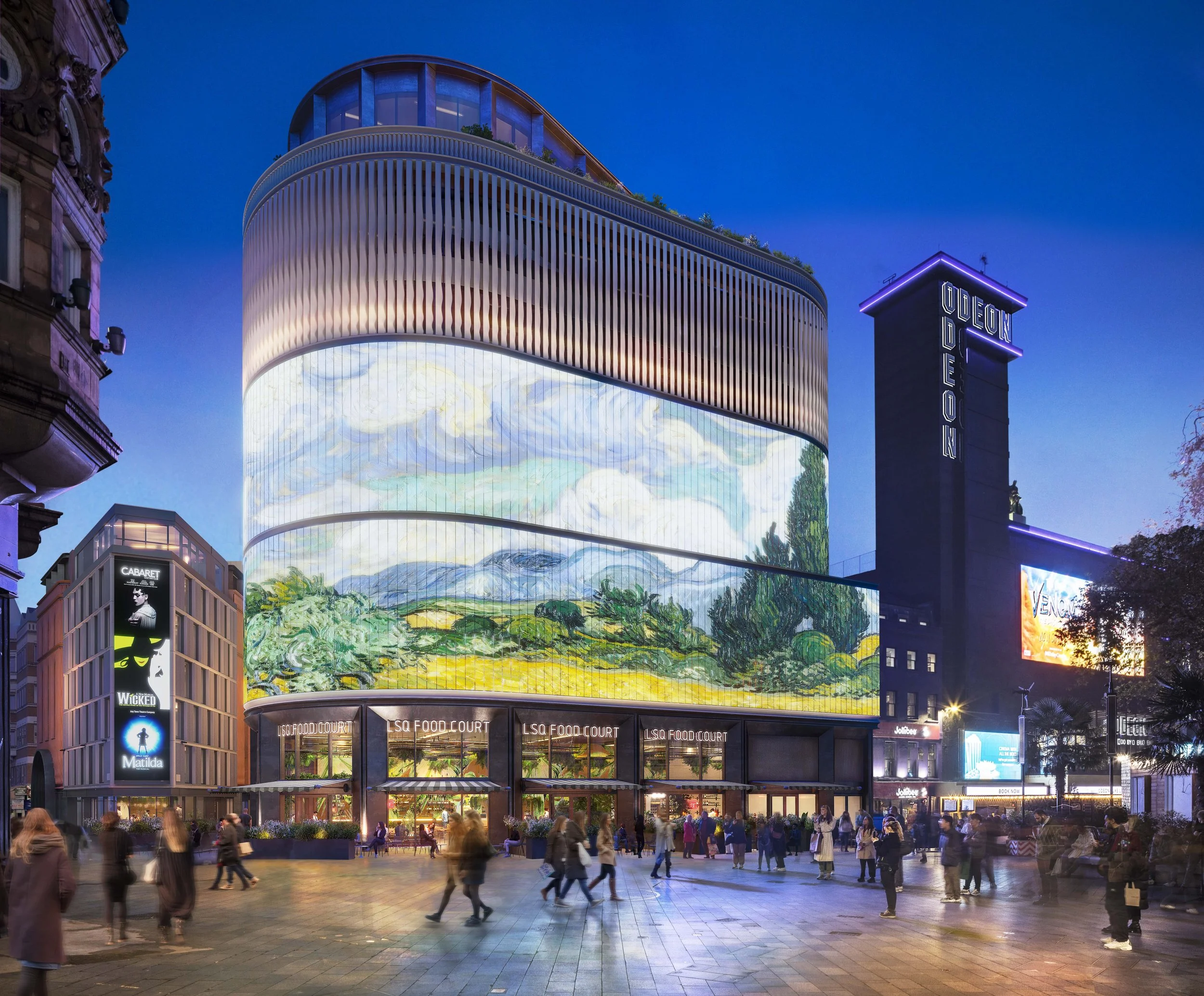 Proposed LSX Development. Building with large digital billboards. The central building has a curved, illuminated display showing a landscape scene, and other buildings have advertisements for nightclubs and casinos. 