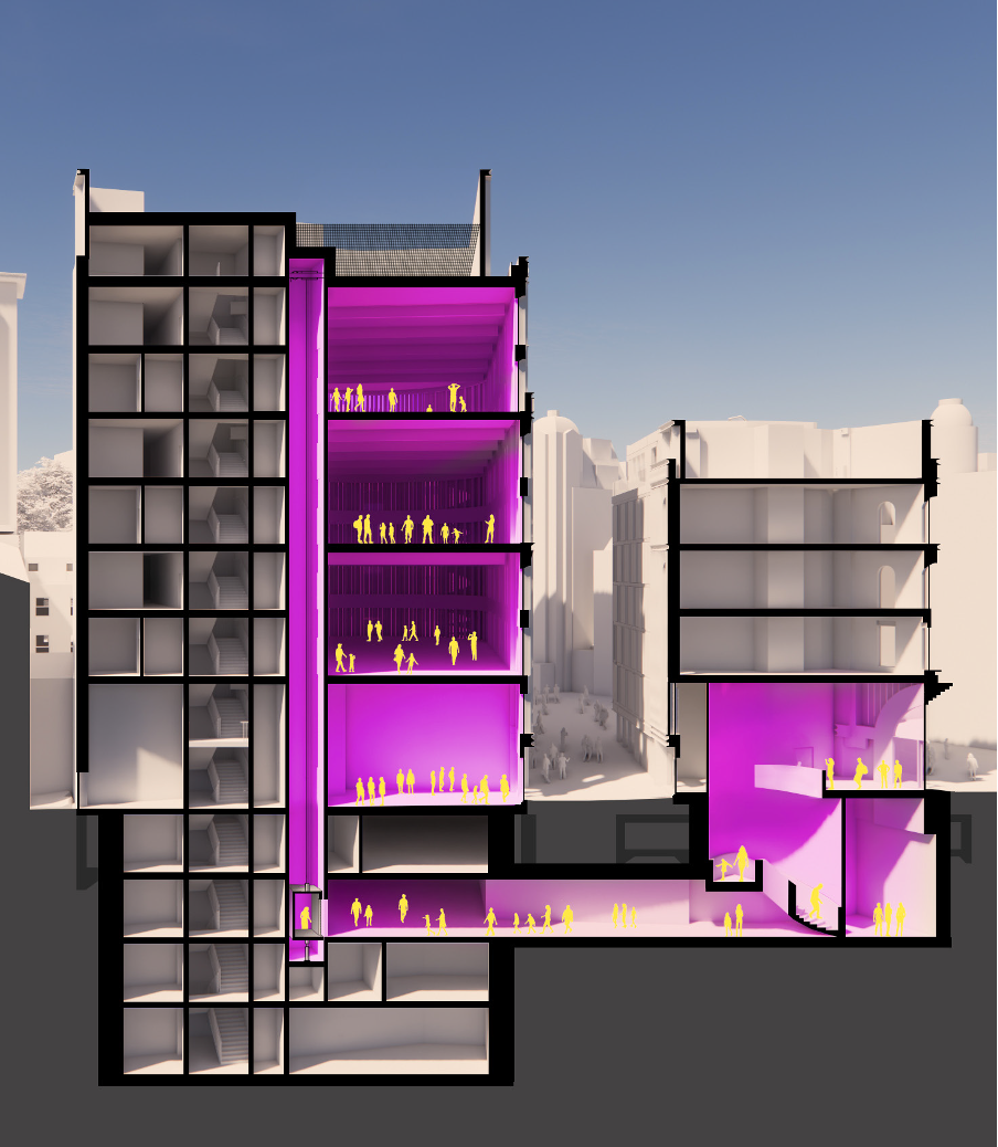 View of visitor floors showing the Cranbourn Street entrance, underground link and main building