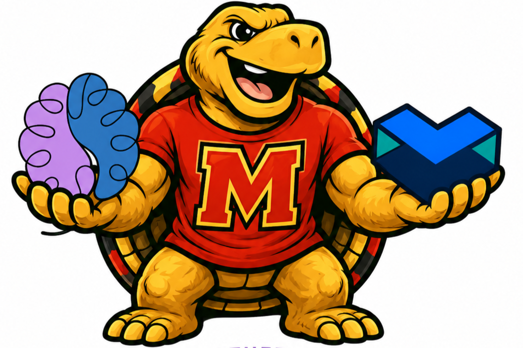 UMD Mascot Testudo holding Liss Not Less and Jaymo Foundation logos
