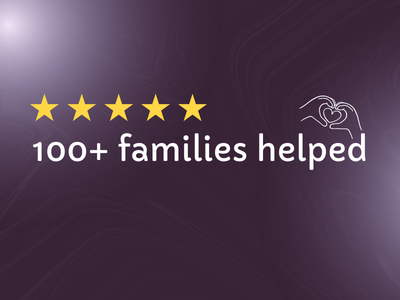 Graphic with five yellow stars, the text '100+ families helped', and a heart with an outline of a house on a purple background.