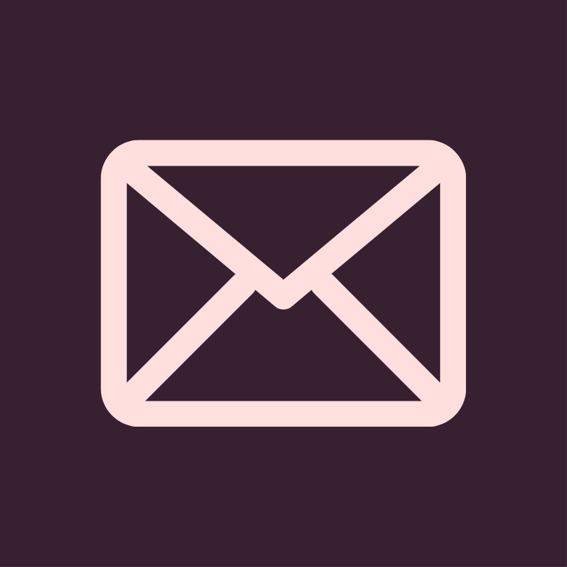 Envelope icon with pink outline on a dark background.