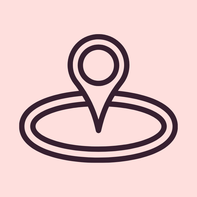 Icon of a map marker with a circular base on a pink background.