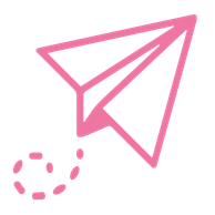 Pink paper airplane icon with a dotted circle around its tail.