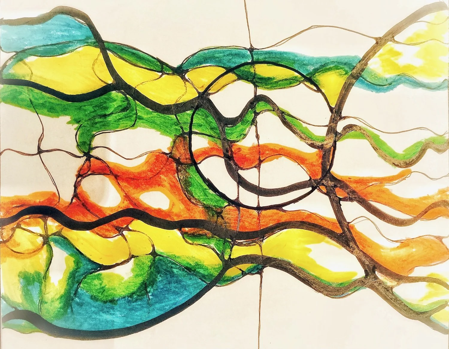 Abstraktes Kunstwerk mit bunten, fließenden Linien in Blau, Grün, Gelb, Orange und Schwarz auf weißem Hintergrund.