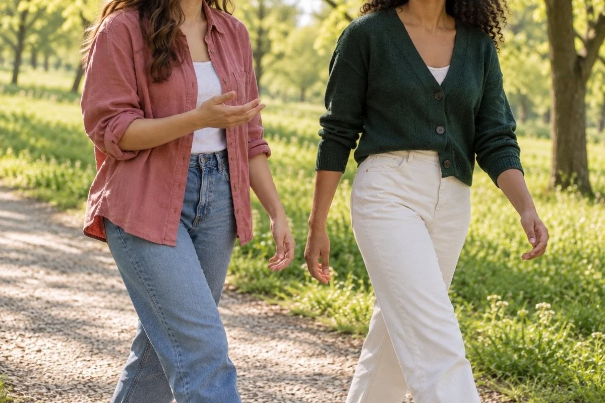Two friends walk and talk on a tree-lined park path.