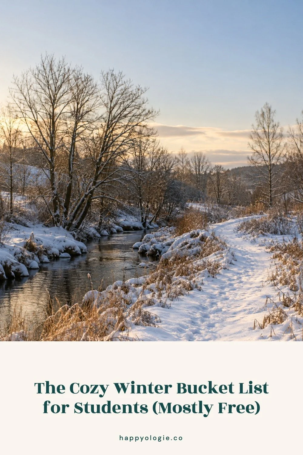 The Cozy Winter Bucket List for Students, with a snowy creek and winter path.