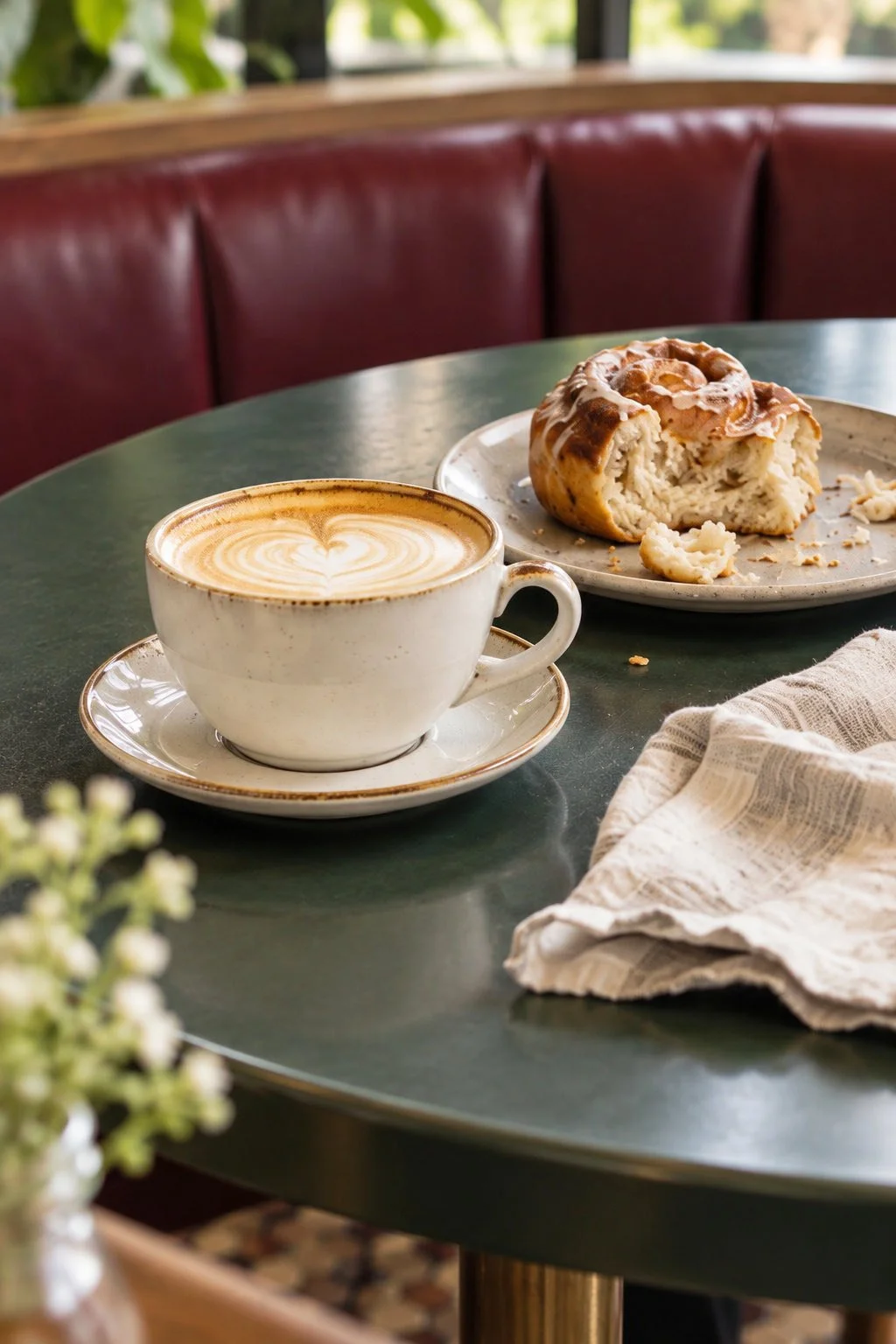 Coffee and a pastry sit on a café table.