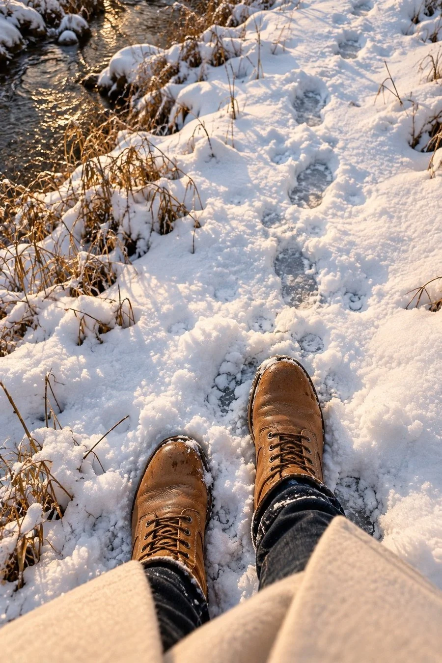 Tan winter boots on a snowy path beside a creek.