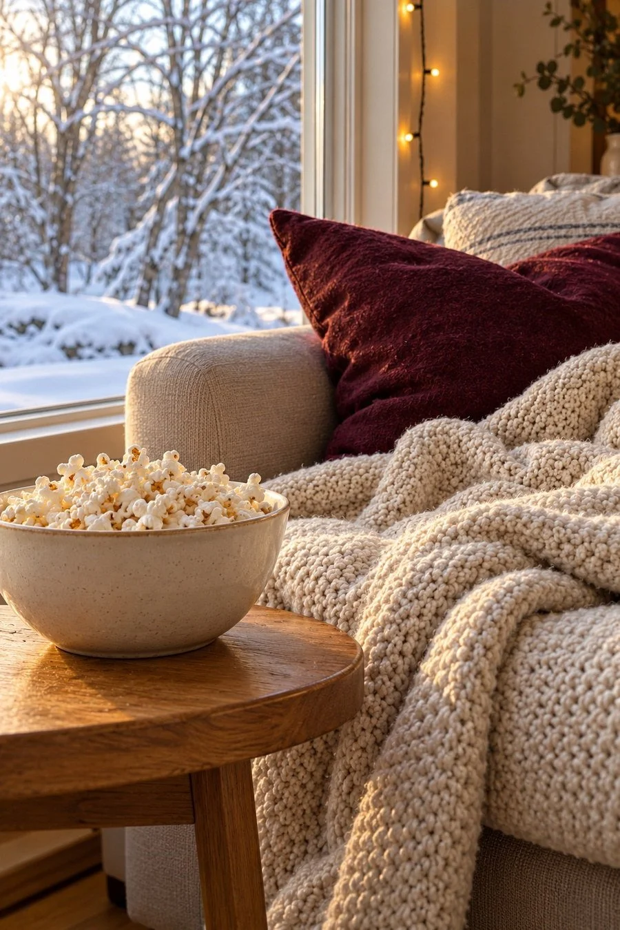 Popcorn, a cream blanket, and a burgundy pillow by a snowy window.
