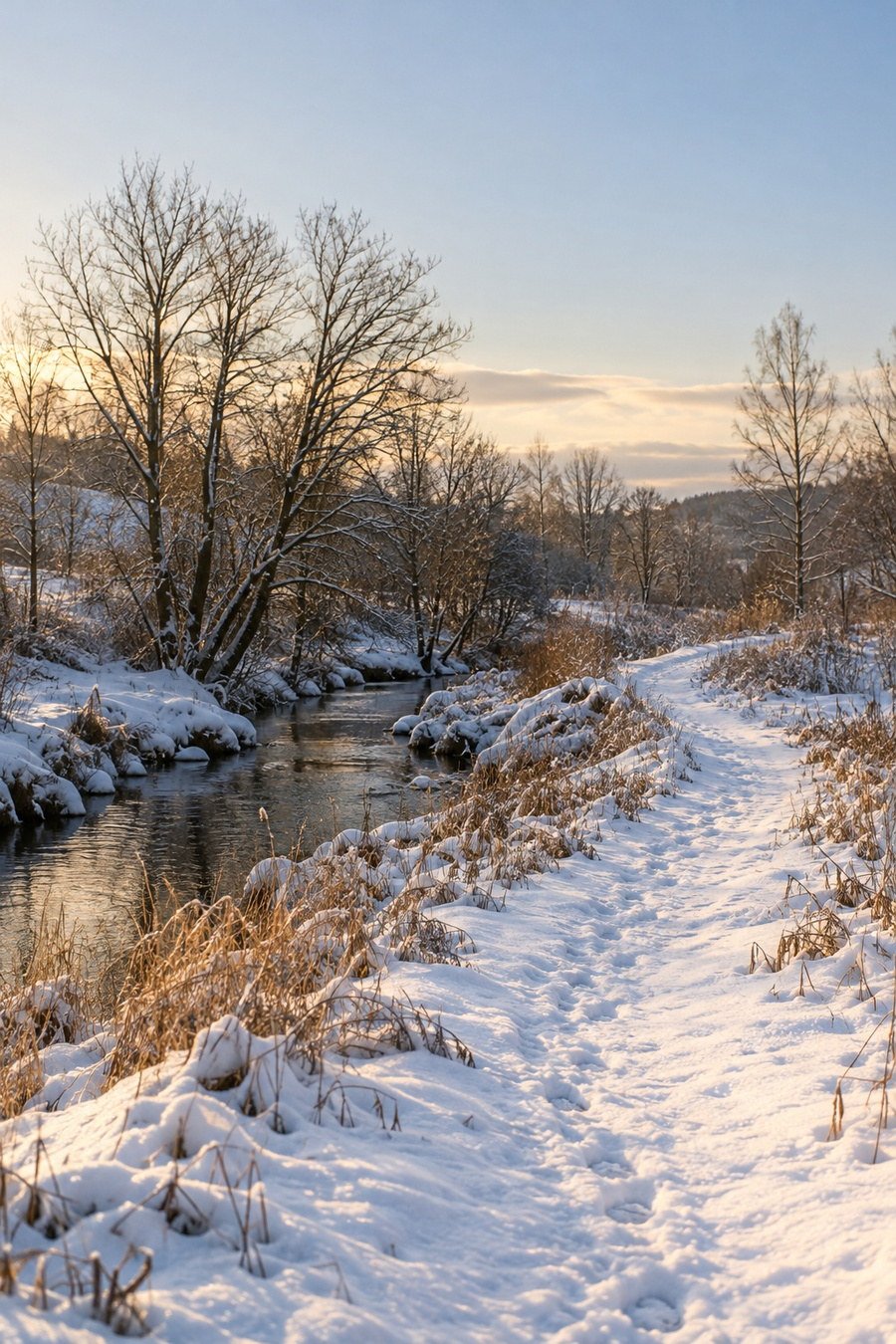 Snowy path beside a creek and bare trees in soft afternoon light.