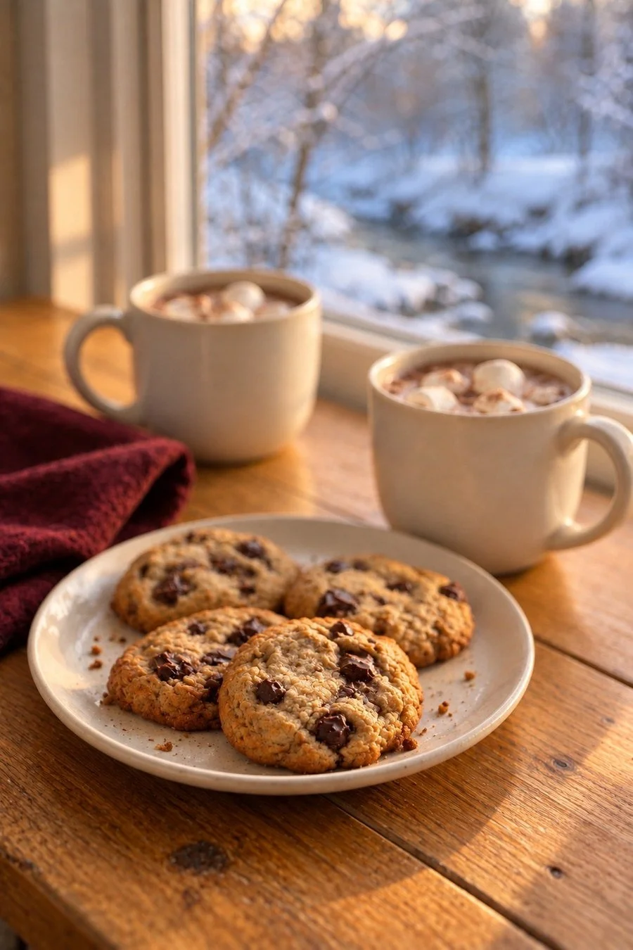 Cookies and two mugs of hot chocolate by a snowy window.