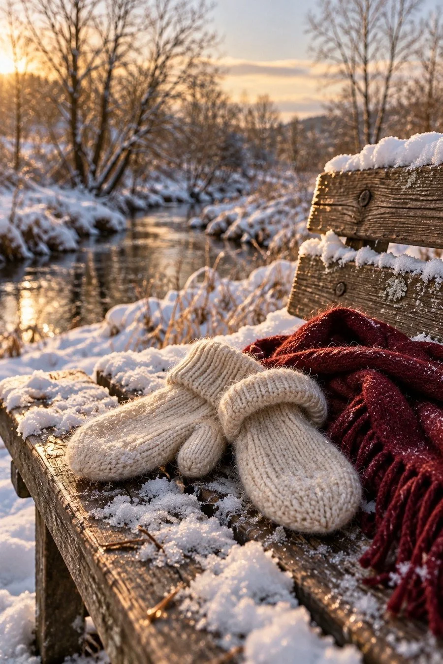 Cream knit mittens and a scarf on a snowy wooden bench.