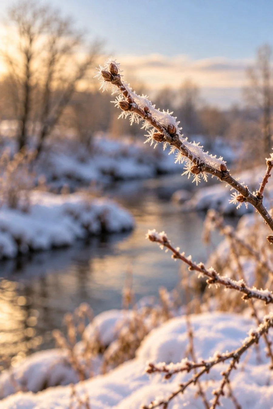 Frost on a bare twig above a snowy creek.