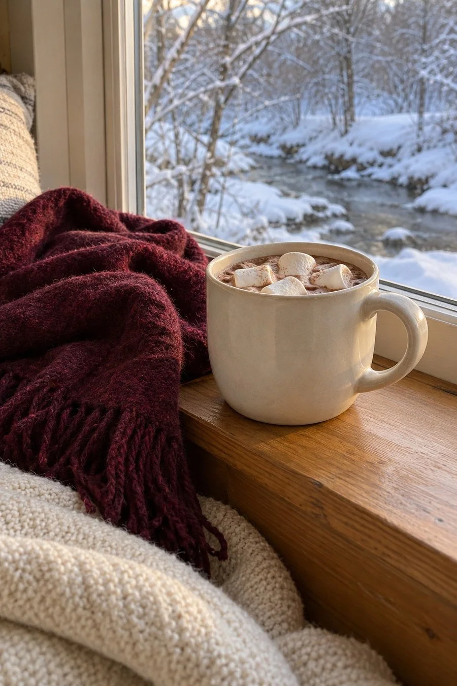 Hot chocolate and a burgundy scarf beside a snowy window.