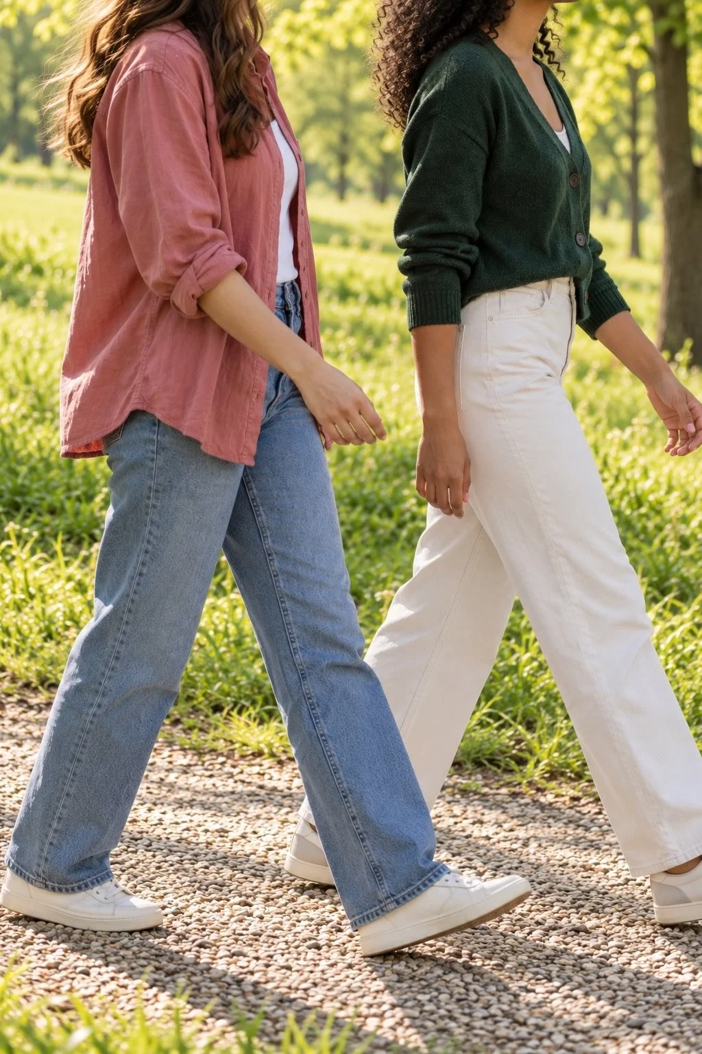 Two friends walk side by side along a gravel path.