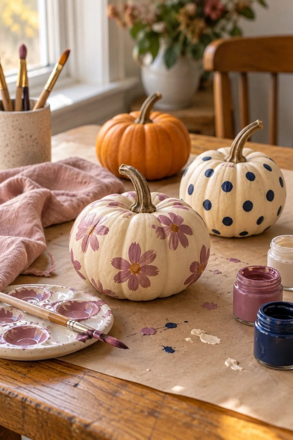 Cream pumpkins painted with mauve flowers and navy dots on a protected craft table
