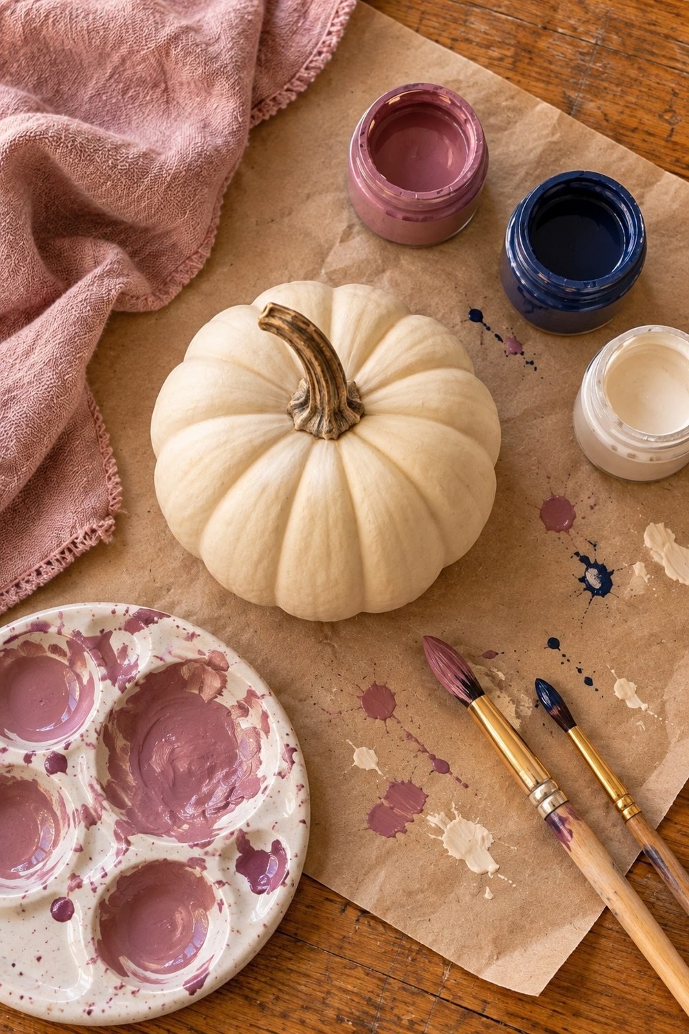 Plain cream pumpkin, mauve and navy paint, and brushes on protective kraft paper