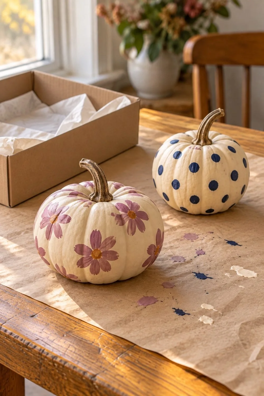 Painted pumpkins drying beside a shallow lined carrying box